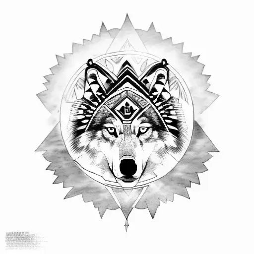 Standing Wolf With A Shaman Traditional Native Indian Style With Geometric Shapes
