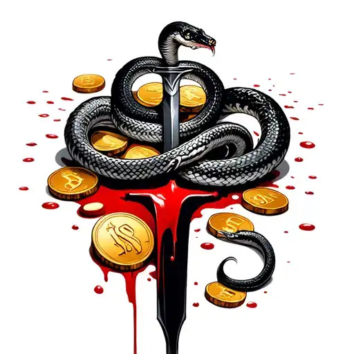 Snake On A Bloody Dagger In A Pile Of Bloody Gold Coins