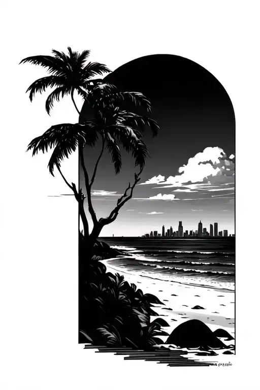 Minimalist Continues Fine Line Art Tattoo Of A Beach With A View Of A City From A Far