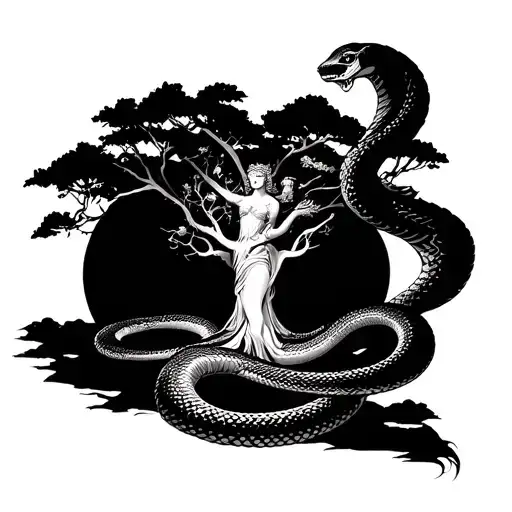 Snake Around Tree On Leg Tattoo With Queen