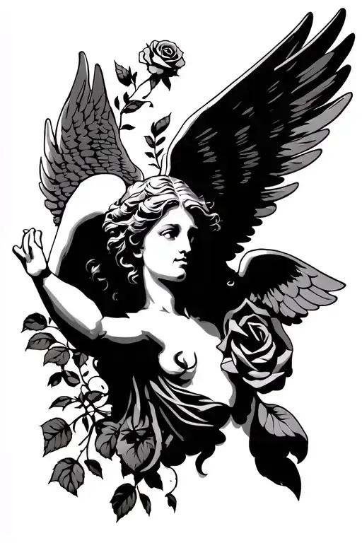 Angel Flying Up From Chest Up With A Rose