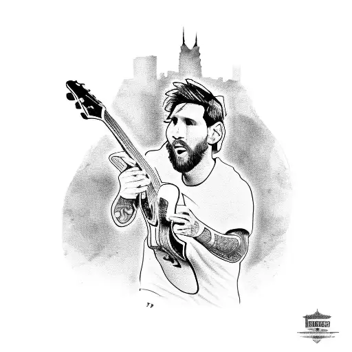 A Detailed Tattoo Of Lionel Messi Playing A Guitar In Front Of A New York Skyline