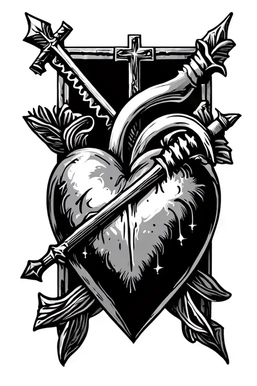 Heart With An Arrow And Sword And A Cross Behind