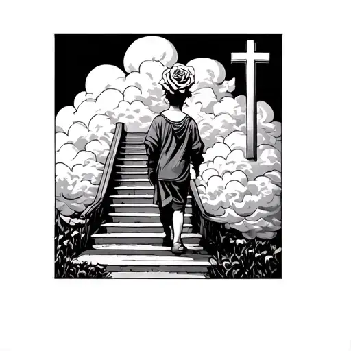 Kid Walking Up Stairs With A Cross In The Clouds And A Rose On Top