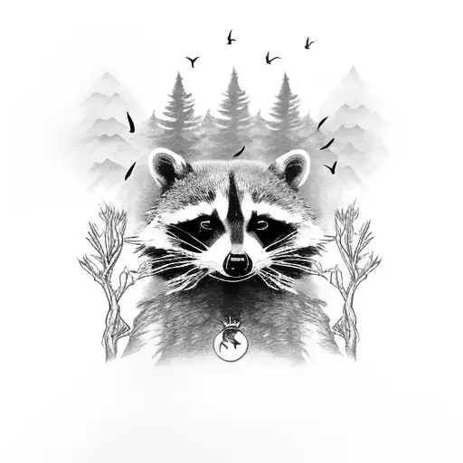 Raccoon With Two Crows And A Tree
