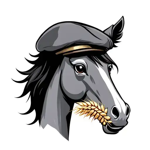A Cartoon Horse Head With A Beret And An Ear Of Wheat In The Mouth