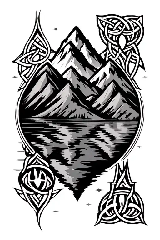 Mountain Landscape With Celtic Tribal Symbols Intertwined
