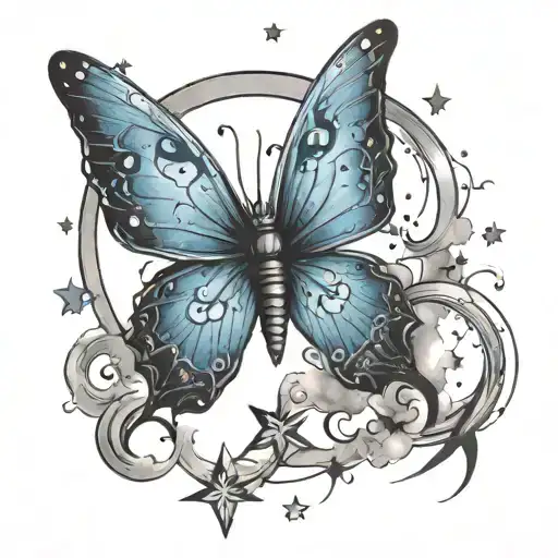 Blue Butterfly With Moon And Stars With Clouds In The Background And Small Lighting Bolts Giving