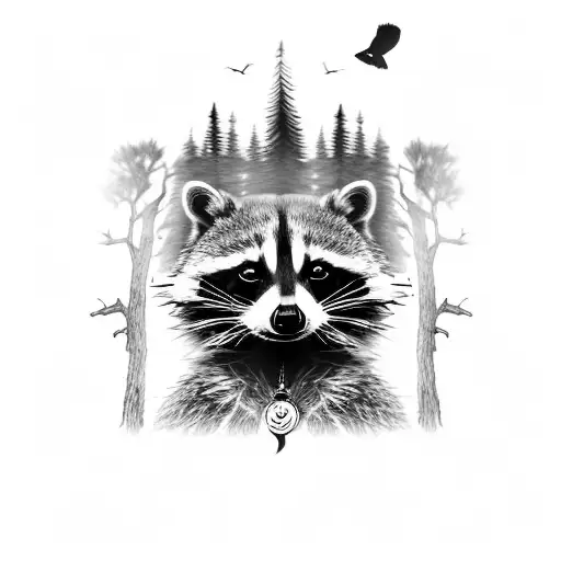 Raccoon With Two Crows And A Tree
