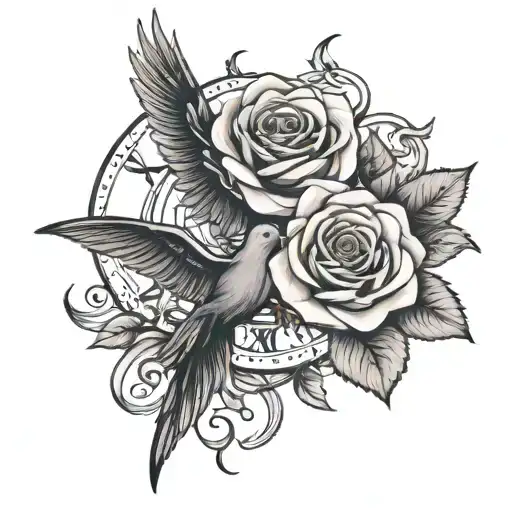 Roman Numerals Intertwined With A Dove And Rose Design