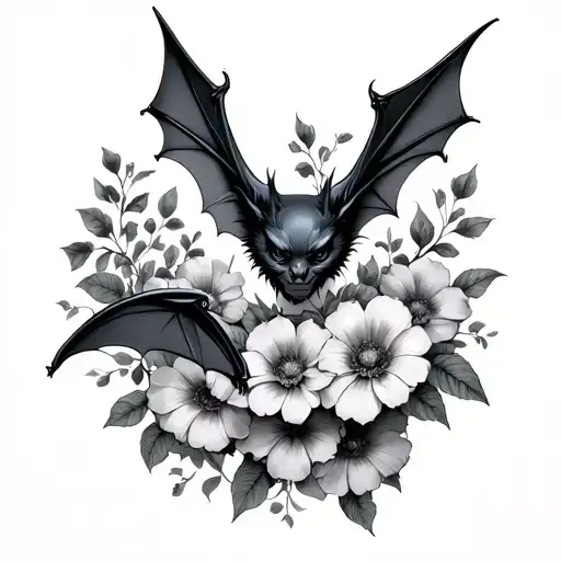Realistic Bat With Flowers Intertwined Within
