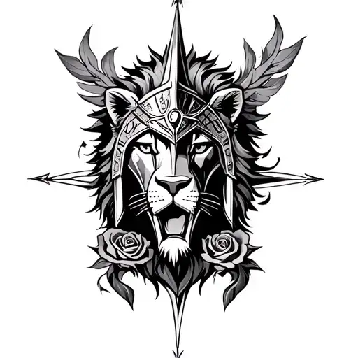 Roses Dying Lion Helmet Spartan Warrior Tribal Compass