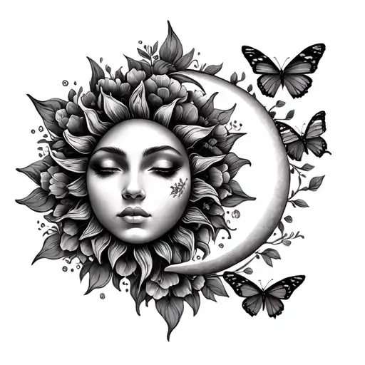 Sun And Moon With Face With Butterflies And Flowers