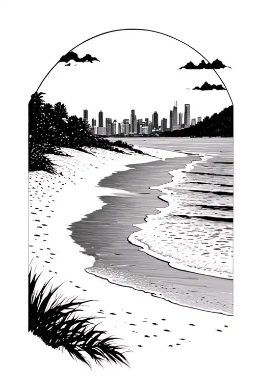 Minimalist Line Tattoo Of A Beach With A View Of A City From A Far