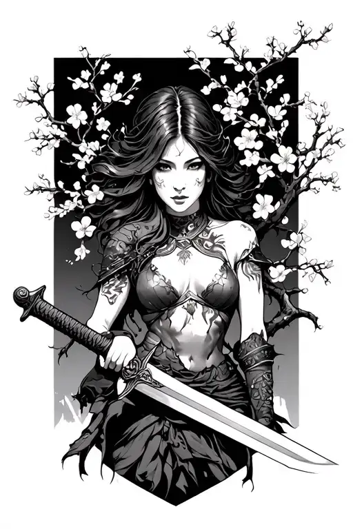 Woman Tree Warrior Intertwined With Cherry Blossom Branches Holding Sword Attractive Sensual
