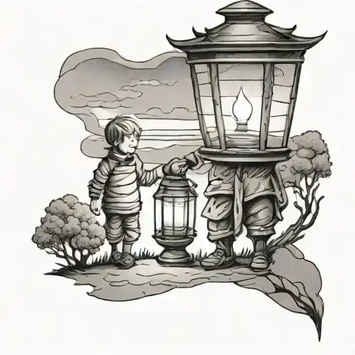Father Guiding Son By Lantern Long Road