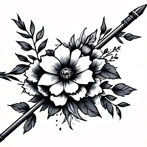 Bow And Arrow Tattoo With Flower Bouquet