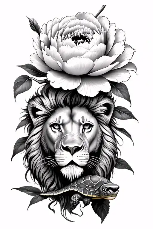 Peony Flower With Lion And Turtle
