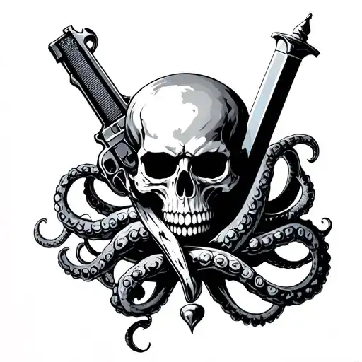 Skull With Tentacles Coming Out Holding Pistol And Sword