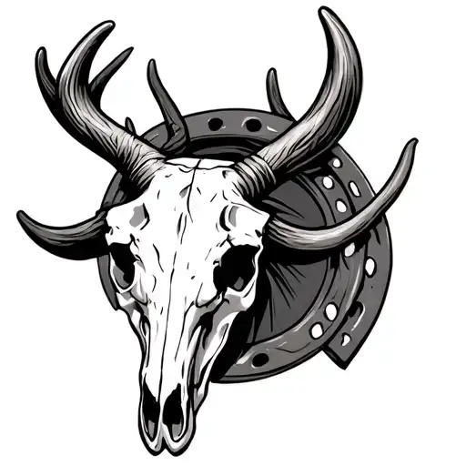 A Bull Skull With Its Antlers Intertwined In A Horse Shoe