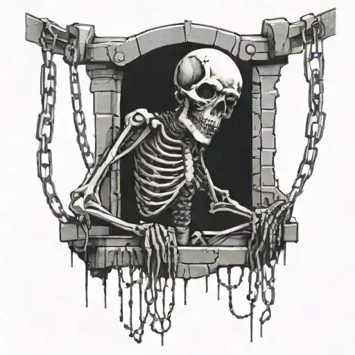 Skeleton Hanging From Chains In A Dungeon