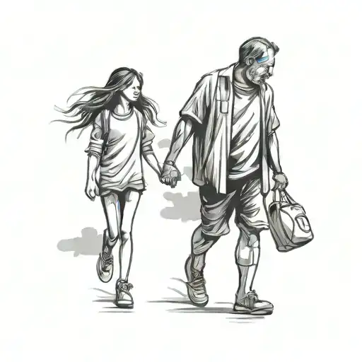 A Father And Daughter Walking Together And Holding Hands