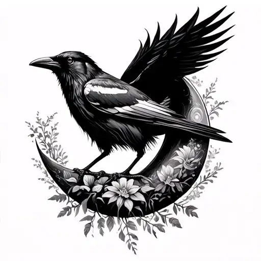 Crescent Moon Made Of Plants With Raven Perched