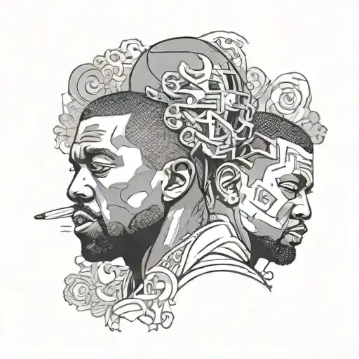A Portrait Of Kanye West And Push T With A Music-themed Background