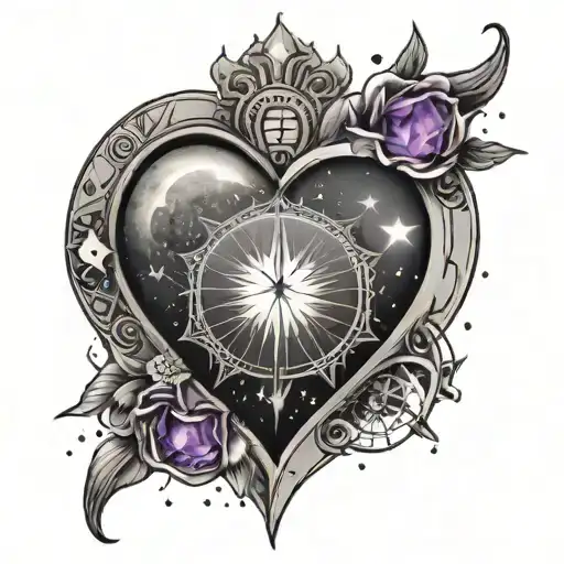 A Heart-shaped Amethyst Surrounded By Moon Phases And Stars
