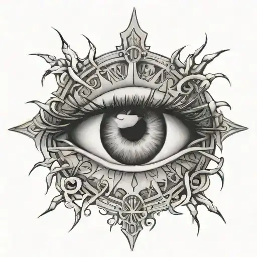 A Gothic Inspired Tattoo Of A Roman Style Eye Surrounded By Thorns And Mysterious Writings