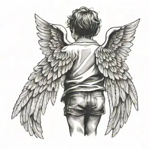 Black And Grey Sketch Of A Child's Back With Two Angels Hovering Over It