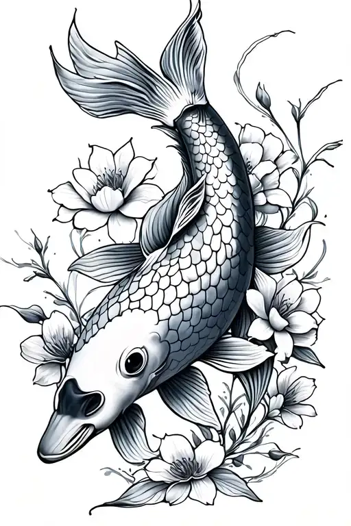 Koi Fish With Flowers Growing