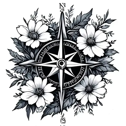 Wild Flowers And Compass Intertwined