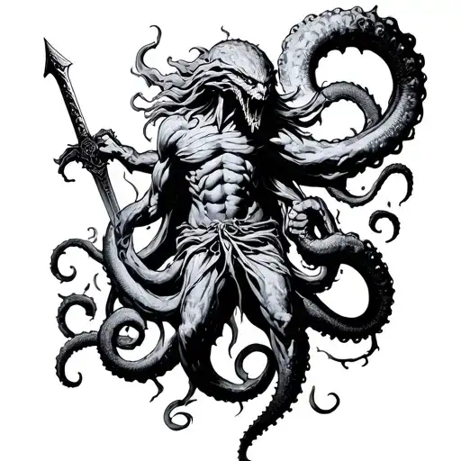 Demons From The Tentacle Who Rises On A Person And Wraps Him Off And Holds A Sword Or Spear