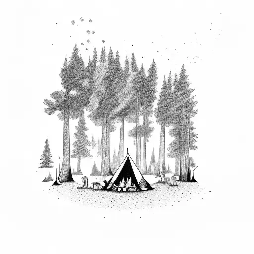 Forest Library With A Camp Fire And Dogs