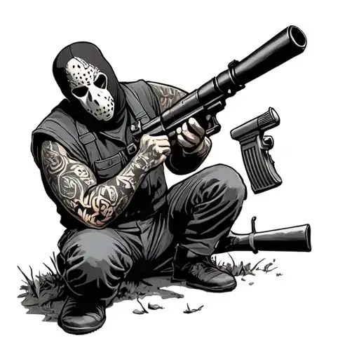 Jason Vorhees Next To Guy With Balaclava Holding Bazooka