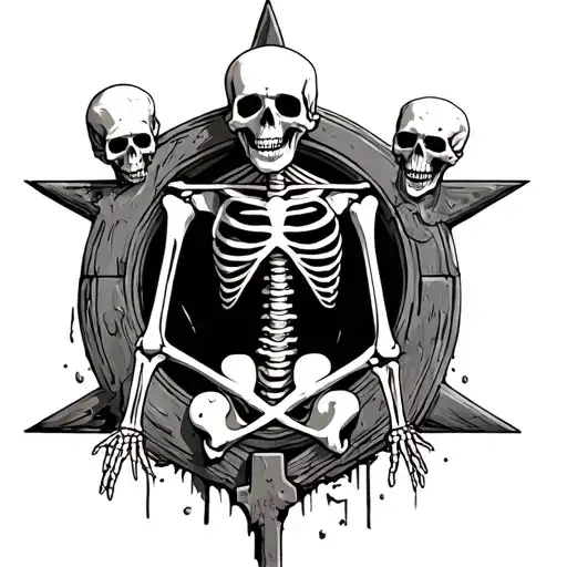 A Skeleton Of A Man On A Cemetery With Dead Heads A Pentagram