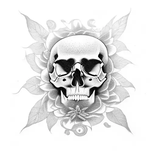 A Black-grey Tattoo Of A Skull Flower Surrounded By Flying Owls