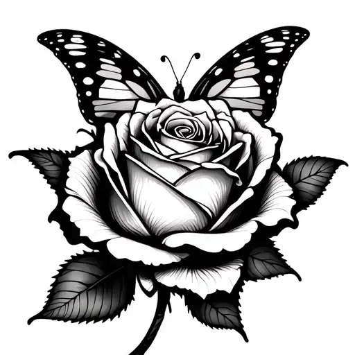 Single Rose With Butterfly Fine Line