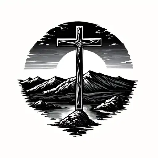 Cross With Hill And Sunset Sky