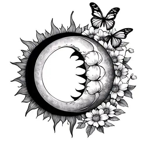 Sun And Moon With Butterflies And Flowers