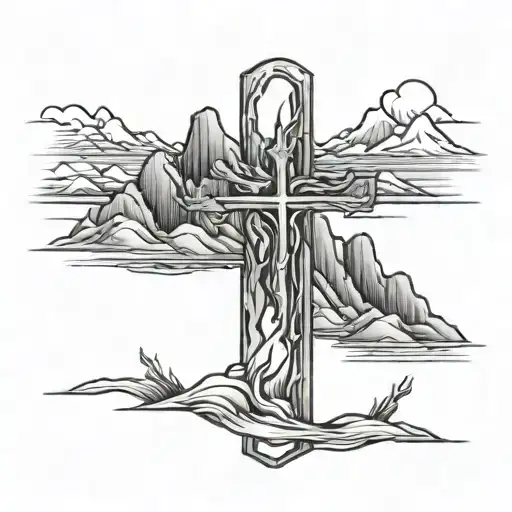 Cross Tattoo With Mountain Line Coming Off The Stem Of The Cross
