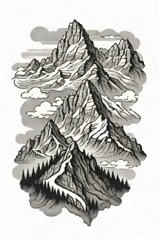 A Black-grey Tattoo Of A Majestic Mountain Range With A Winding Hiking Trail
