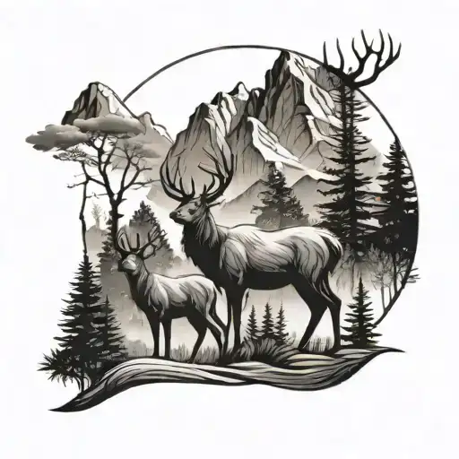 Mountains With Trees And Deer Standing