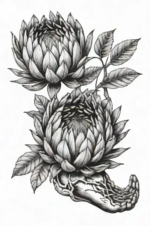 Fine Art Tattoo Of A Protea Flower Entangled With A Picture Of A Baby Foot Print From The Hospital