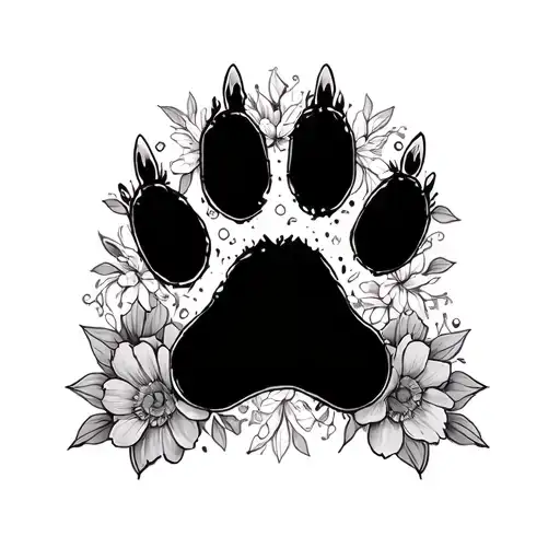 Dog Paw Print With Outline And Floral Ornament