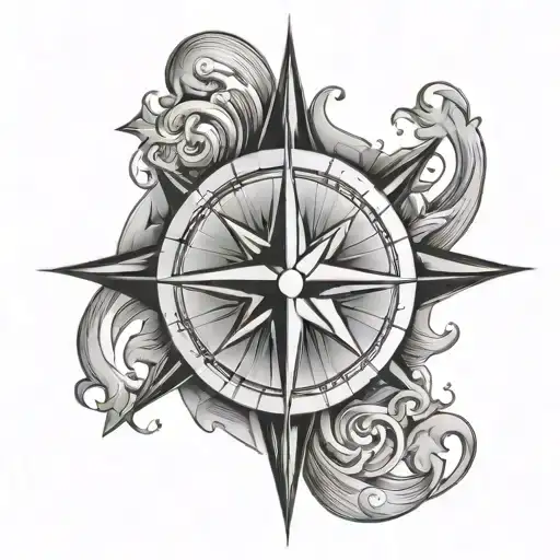 A Black And Grey Geometric Compass Rose With Stormy Waves