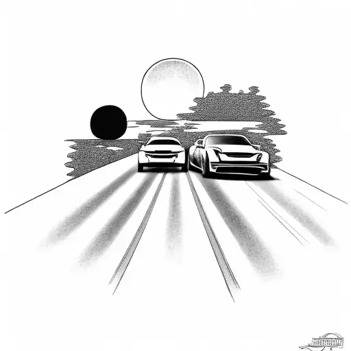 Two Cars From Behind Heading In A A Sunset In A Straight Road That At The End Splits In Two