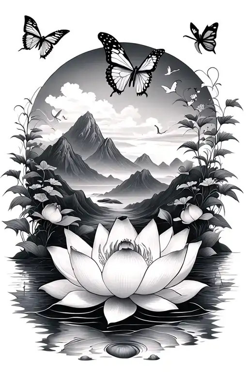 Lotus Flower With Butterflies Flying With Mountains
