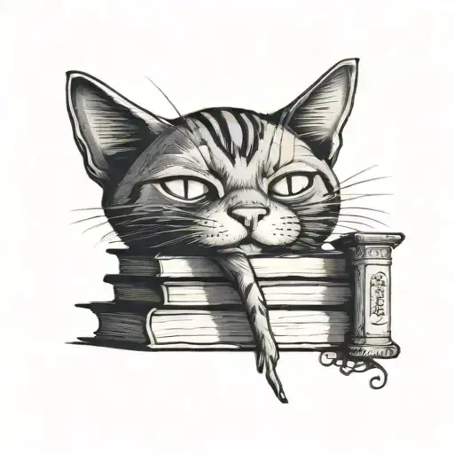 A Black-grey Tattoo Of A Cat Peeking Out From Behind A Stack Of Books In A Library